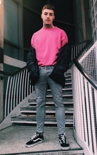 Men's Black Camouflage Puffer Jacket, Hot Pink Sweatshirt, Light Blue Ripped Jeans, Black and White Canvas Low Top Sneakers