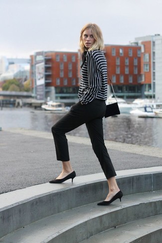 Black and White Horizontal Striped Long Sleeve Blouse Outfits: 