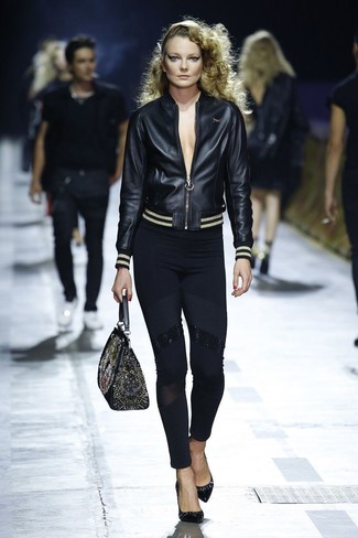 Black Leather Bomber Jacket Outfits For Women: 