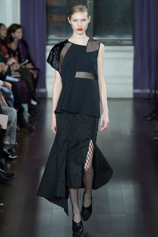 Women's Black Fishnet Tights, Black Leather Pumps, Black Pleated Midi Skirt, Black Sleeveless Top