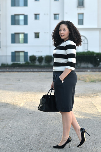 Women's Black Leather Handbag, Black Suede Pumps, Black Shorts, White and Black Horizontal Striped Long Sleeve T-shirt