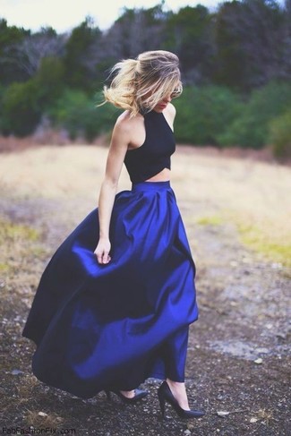 Blue Pleated Maxi Skirt Outfits: 