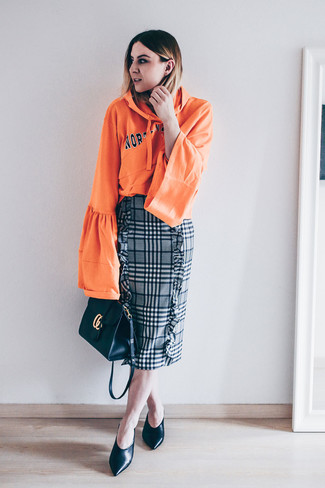 Women's Black Leather Crossbody Bag, Black Leather Pumps, Grey Plaid Pencil Skirt, Orange Print Hoodie