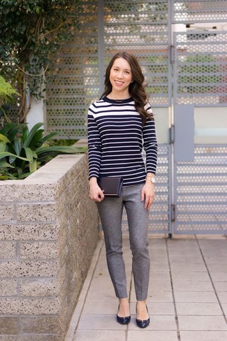 Women's Gold Watch, Black Leather Pumps, Grey Wool Skinny Pants, Black and White Horizontal Striped Crew-neck Sweater