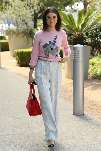 Women's Red Leather Tote Bag, Black Leather Pumps, Grey Wool Wide Leg Pants, Pink Print Crew-neck Sweater