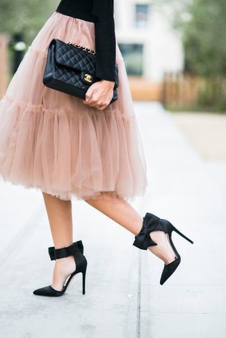 Women's Black Quilted Leather Crossbody Bag, Black Satin Pumps, Pink Tulle Full Skirt, Black Crew-neck Sweater