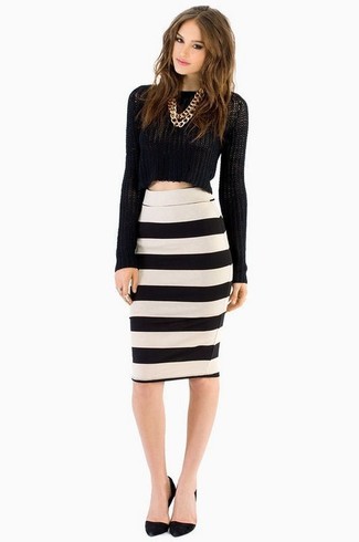 Women's Gold Necklace, Black Suede Pumps, White and Black Horizontal Striped Pencil Skirt, Black Cropped Sweater