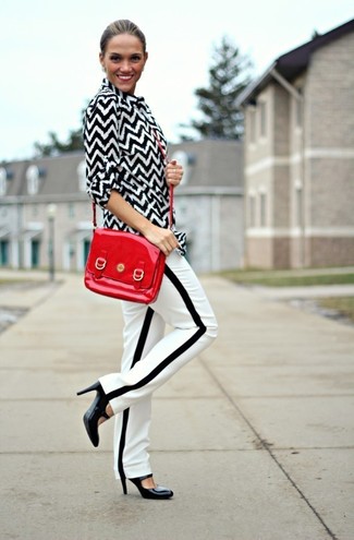 Women's Red Leather Crossbody Bag, Black Leather Pumps, White and Black Vertical Striped Tapered Pants, Black and White Chevron Dress Shirt