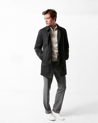Black Raincoat Outfits For Men: You're looking at the irrefutable proof that a black raincoat and grey dress pants are amazing when worn together in a sophisticated look for today's gentleman. Why not introduce white leather low top sneakers to this outfit for a more laid-back vibe?