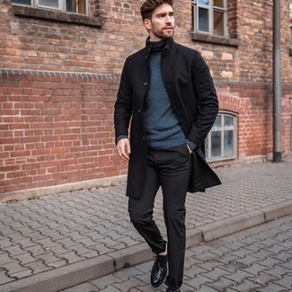 Black Raincoat Outfits For Men: This casual combination of a black raincoat and black chinos is super easy to pull together without a second thought, helping you look awesome and prepared for anything without spending too much time digging through your wardrobe. A pair of black leather derby shoes will give a more refined twist to this ensemble.