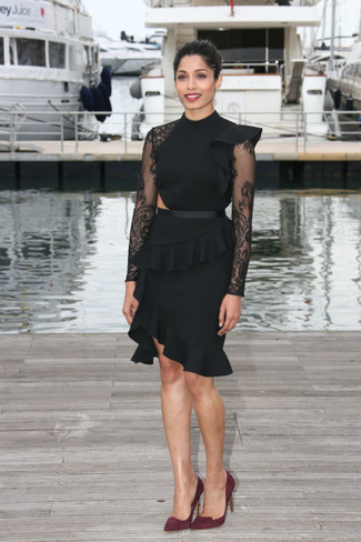 Freida Pinto wearing Black Ruffle Lace Sheath Dress, Burgundy Suede Pumps