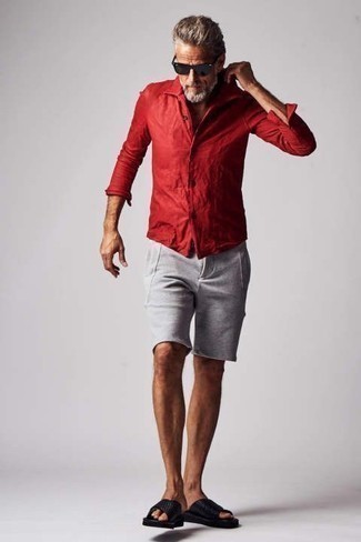 Red Long Sleeve Shirt Outfits For Men: 