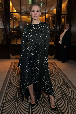 Lily James wearing Black Satin Pumps, Black and White Polka Dot Evening Dress