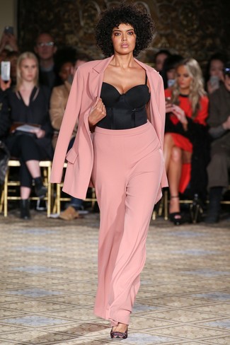 Women's Black Print Satin Pumps, Black Bustier Top, Pink Silk Suit