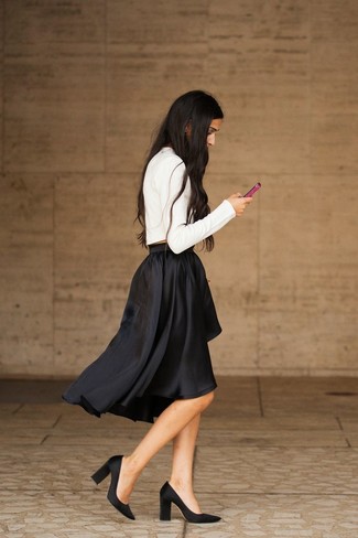 Women's Black Satin Pumps, Black Pleated Midi Skirt, White Cropped Sweater