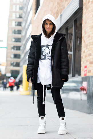Women's Black Shearling Coat, White Print Hoodie, Black Jeans, White Leather Lace-up Flat Boots