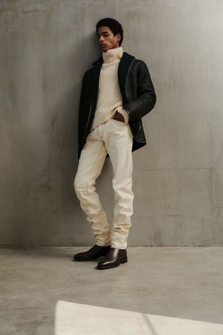 Beige Knit Wool Turtleneck Outfits For Men: For a look that's very straightforward but can be manipulated in a great deal of different ways, choose a beige knit wool turtleneck and white jeans. Bump up the classiness of your getup a bit by slipping into a pair of dark brown leather chelsea boots.