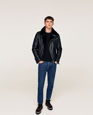 Dark Brown Canvas High Top Sneakers Outfits For Men: This combo of a black shearling jacket and navy jeans is a safe go-to for a seriously cool ensemble. Dark brown canvas high top sneakers are a surefire way to add an air of stylish nonchalance to your outfit.