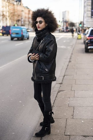 Faux Leather Moto Jacket With Faux Shearling Collar