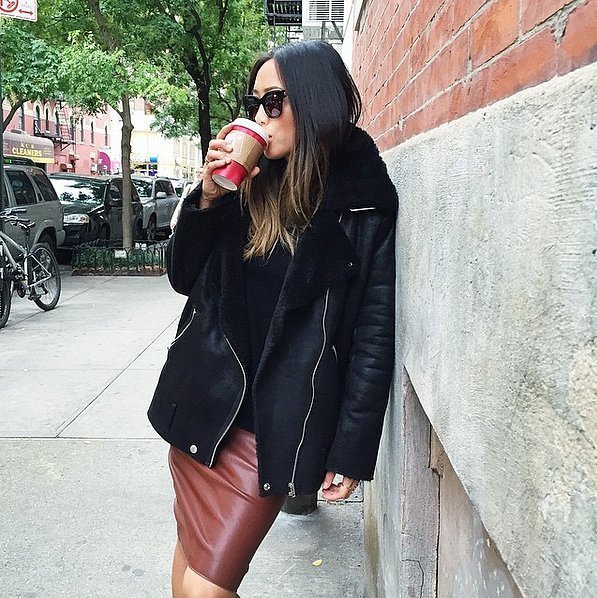 Black leather jacket top pencil skirt