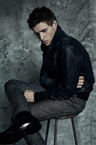 Black Shearling Jacket Outfits For Men: A black shearling jacket and charcoal wool dress pants are an extra smart ensemble for you to try. To bring a bit of fanciness to this look, complete this ensemble with a pair of black leather oxford shoes.