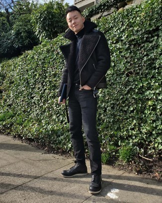Black Shearling Jacket Outfits For Men: For an on-trend getup without the need to sacrifice on comfort, we love this combo of a black shearling jacket and black jeans. Black leather casual boots will infuse an air of elegance into an otherwise everyday look.