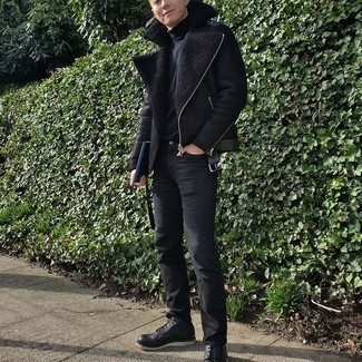Black Shearling Jacket Outfits For Men: This combination of a black shearling jacket and black jeans is the perfect base for a multitude of stylish combos. Complement your look with a pair of black leather casual boots to immediately boost the classy factor of your ensemble.