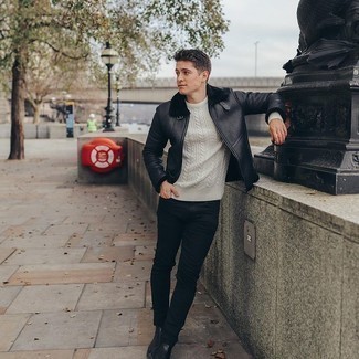Black Shearling Jacket Outfits For Men: Wear a black shearling jacket with black jeans to pull together a seriously stylish and current off-duty outfit. For something more on the sophisticated side to finish your ensemble, complement your outfit with a pair of black leather chelsea boots.