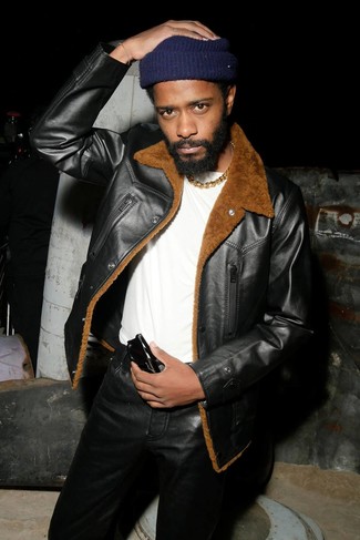 Lakeith Stanfield wearing Black Shearling Jacket, White Crew-neck T-shirt, Black Leather Jeans, Navy Beanie