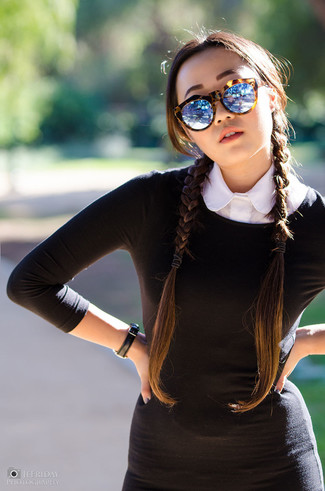 Women's Black Wool Sheath Dress, White Short Sleeve Button Down Shirt, Blue Sunglasses, Black Leather Watch