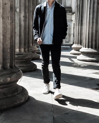 Black Shirt Jacket Outfits For Men: For a casual outfit, rock a black shirt jacket with black jeans — these two items go nicely together. For a more laid-back feel, why not throw white canvas low top sneakers in the mix?