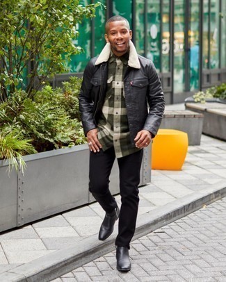 Black Leather Shirt Jacket Outfits For Men: Choose a black leather shirt jacket and black jeans for a casually edgy and fashionable getup. Finishing off with black leather chelsea boots is a guaranteed way to bring a bit of depth to your outfit.