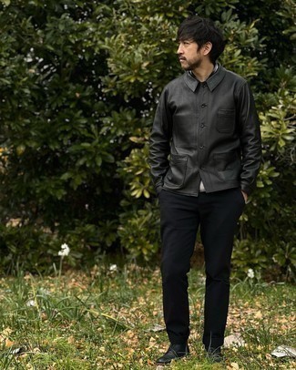 Black Leather Shirt Jacket Outfits For Men: So as you can see, it doesn't require that much effort for a man to look stylish. Dress in a black leather shirt jacket and black chinos and you'll look incredibly stylish. A pair of black leather casual boots is a great pick to finish this ensemble.