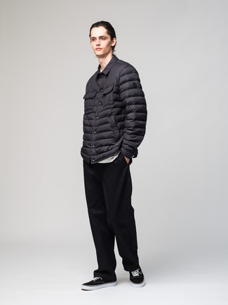 Men's Black Quilted Shirt Jacket, White Crew-neck T-shirt, Black Chinos, Black and White Canvas Low Top Sneakers