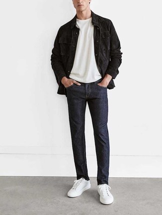 Black Suede Shirt Jacket Outfits For Men: This laid-back combination of a black suede shirt jacket and navy jeans is a life saver when you need to look great but have no time to dress up. And if you want to immediately dress down this ensemble with footwear, why not complete this ensemble with white canvas low top sneakers?