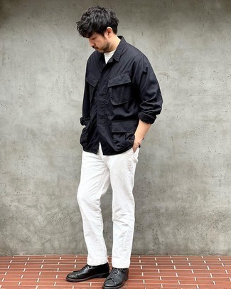 Black Shirt Jacket Outfits For Men: This combo of a black shirt jacket and white chinos is great for dressier situations. Complement this ensemble with a pair of black leather casual boots et voila, your look is complete.