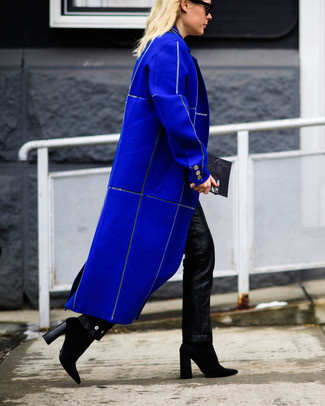 blue coat with black shoes