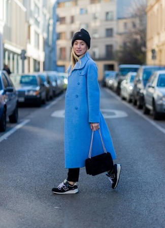 blue coat with black shoes