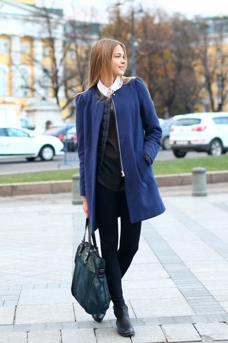 blue coat with black shoes