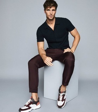 Dark Brown Chinos Outfits: Consider pairing a black short sleeve shirt with dark brown chinos if you want to look casual and cool without much work. Introduce a pair of white athletic shoes to your outfit to make a dressy outfit feel suddenly edgier.