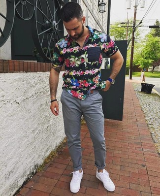 Men's Black Floral Short Sleeve Shirt, Grey Chinos, White Low Top Sneakers, Blue Leather Watch