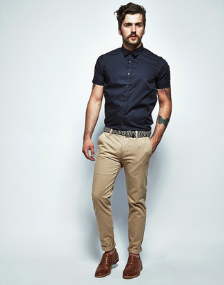 Men's Black Short Sleeve Shirt, Khaki Chinos, Brown Leather Derby Shoes
