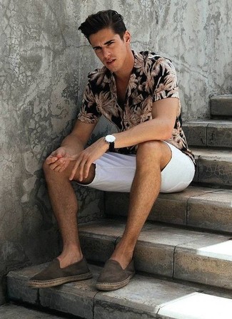 Olive Suede Espadrilles Outfits For Men: Why not go for a black floral short sleeve shirt and white shorts? As well as super comfortable, both pieces look cool when matched together. Look at how well this look is finished off with a pair of olive suede espadrilles.