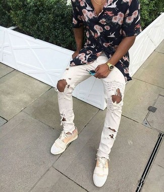 Men's Black Floral Short Sleeve Shirt, White Ripped Skinny Jeans, White Leather Low Top Sneakers, Gold Watch