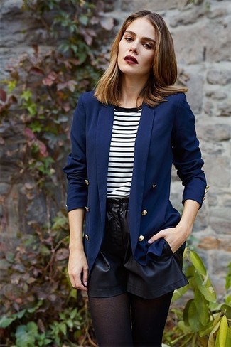 Women's Black Tights, Black Leather Shorts, White and Black Horizontal Striped Crew-neck T-shirt, Navy Double Breasted Blazer
