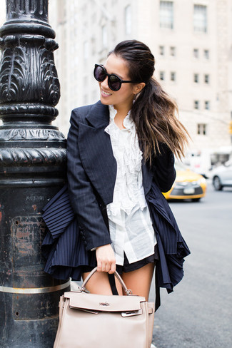 Women's Beige Leather Tote Bag, Black Shorts, White Ruffle Dress Shirt, Navy Vertical Striped Blazer