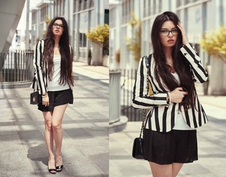 Women's Black Quilted Leather Crossbody Bag, Black Shorts, White Tank, Black and White Vertical Striped Blazer