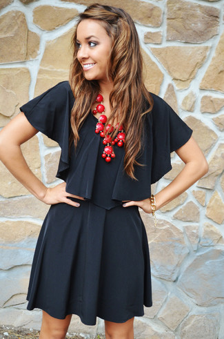 Women's Black Silk Fit and Flare Dress, Red Beaded Necklace, Gold Bracelet