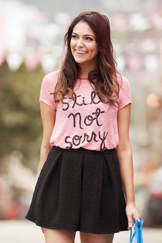 White and Pink Crew-neck T-shirt with Skater Skirt Outfits: 