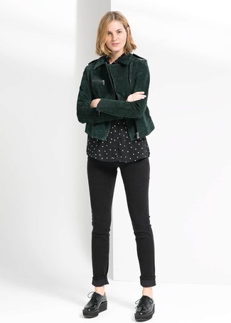 Dark Green Biker Jacket Outfits For Women: 